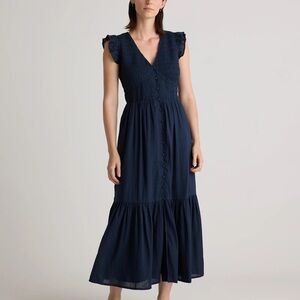 Quince Organic Textured Cotton Smocked V-Neck Midi Dress